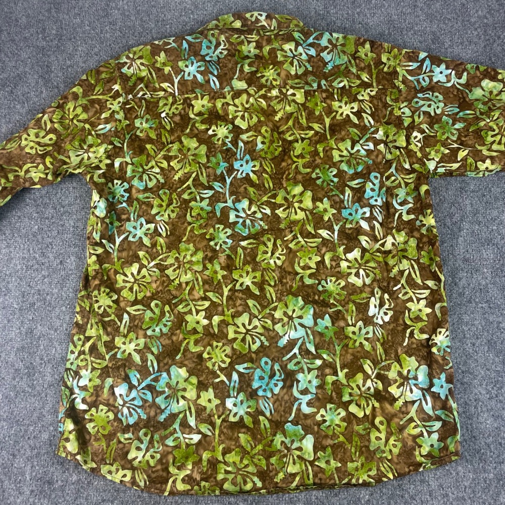 Pete Huntington Shirt Large Green Brown 100% Cotton Bali Handcrafted Floral Mens - Picture 4 of 6